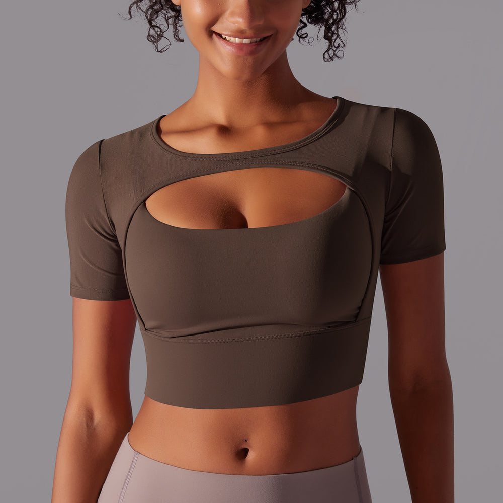 New arrival nude mesh cut out short-sleeved fake two-piece yoga top all-in-one coaster bubble wrap push-up fitness beautiful back