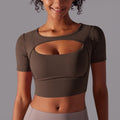 New arrival nude mesh cut out short-sleeved fake two-piece yoga top all-in-one coaster bubble wrap push-up fitness beautiful back