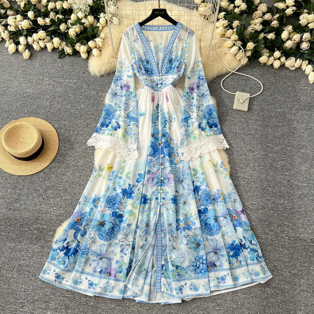 Palace style dress for women  spring fashion european and american socialite deep v neck bell sleeves waist buttoned printing long skirt
