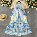 Palace style dress for women  spring fashion european and american socialite deep v neck bell sleeves waist buttoned printing long skirt
