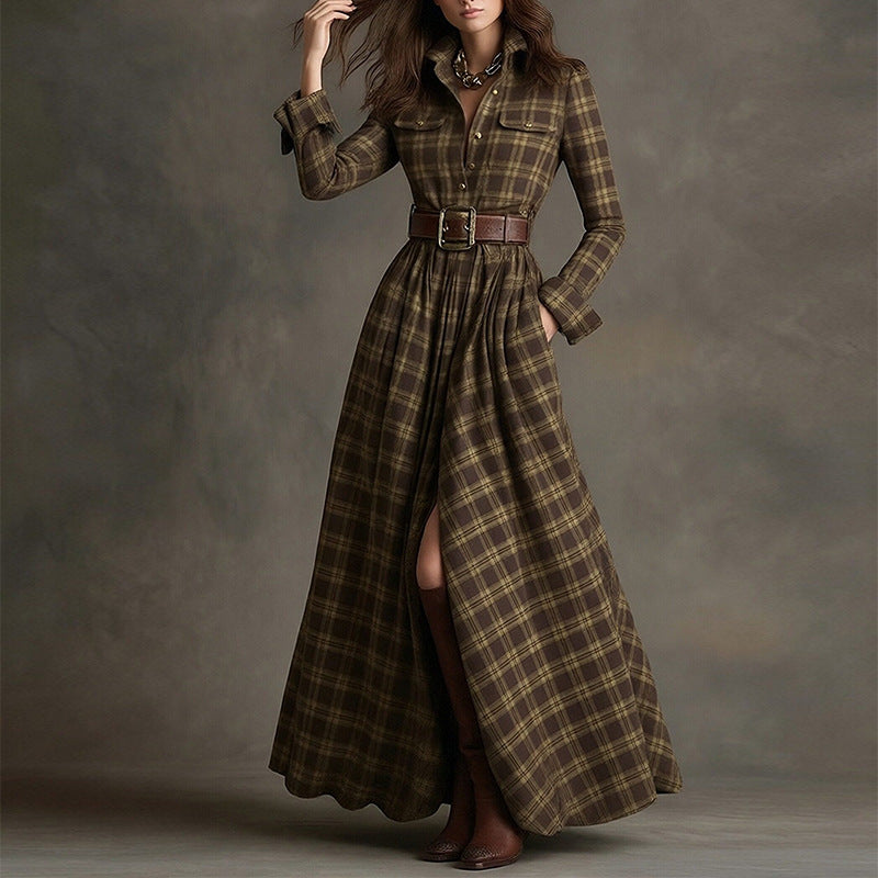 cross-border e-commerce european and american women's clothing: new summer collection - fashionable, casual, and elegant plaid notch collar slim-fit dress