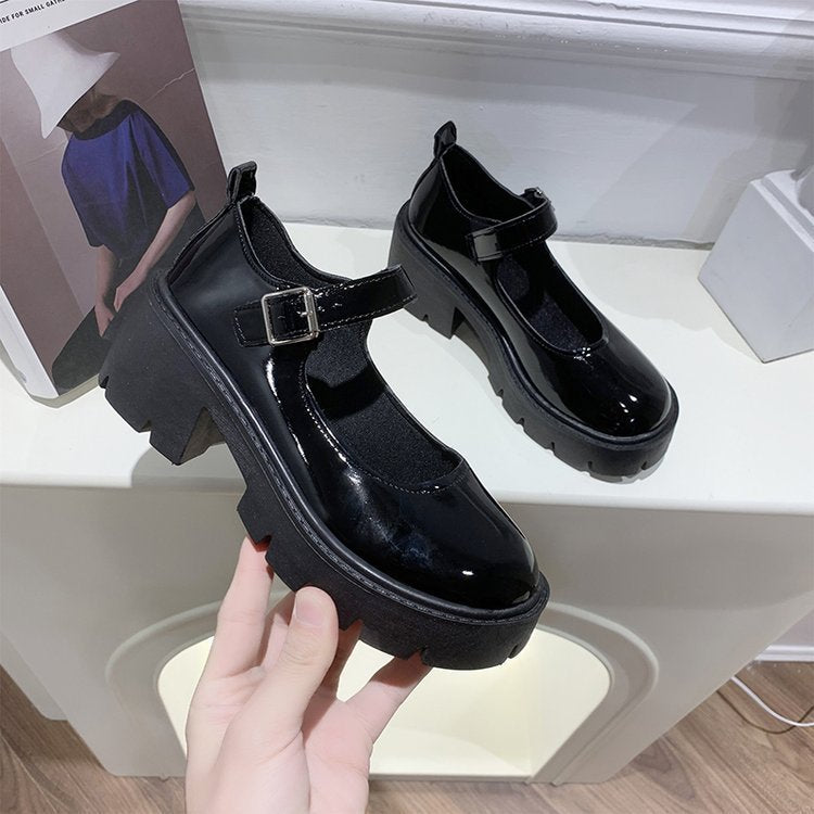 Small leather shoes women's 2022 spring new British college style bright leather high heels single shoes round head platform Mary Jane shoes women