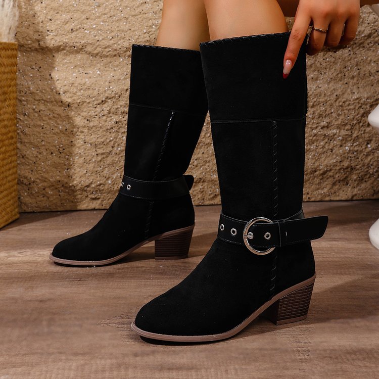Exportplus sizesharp toe square heel metal buckle suede workwear boots fall and winternew arrival long tube non-knee women's boots