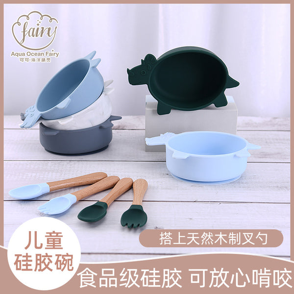 Spot wholesale silicone bowl food grade baby silicone fork and spoon set complementary food bowl non-slip children's silicone suction cup bowl