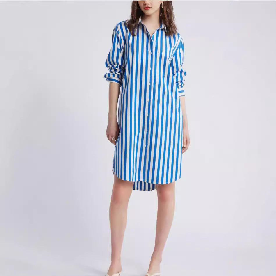 European and american export cross-border   new spring/summer fashionable striped print turn-down collar shirt dress