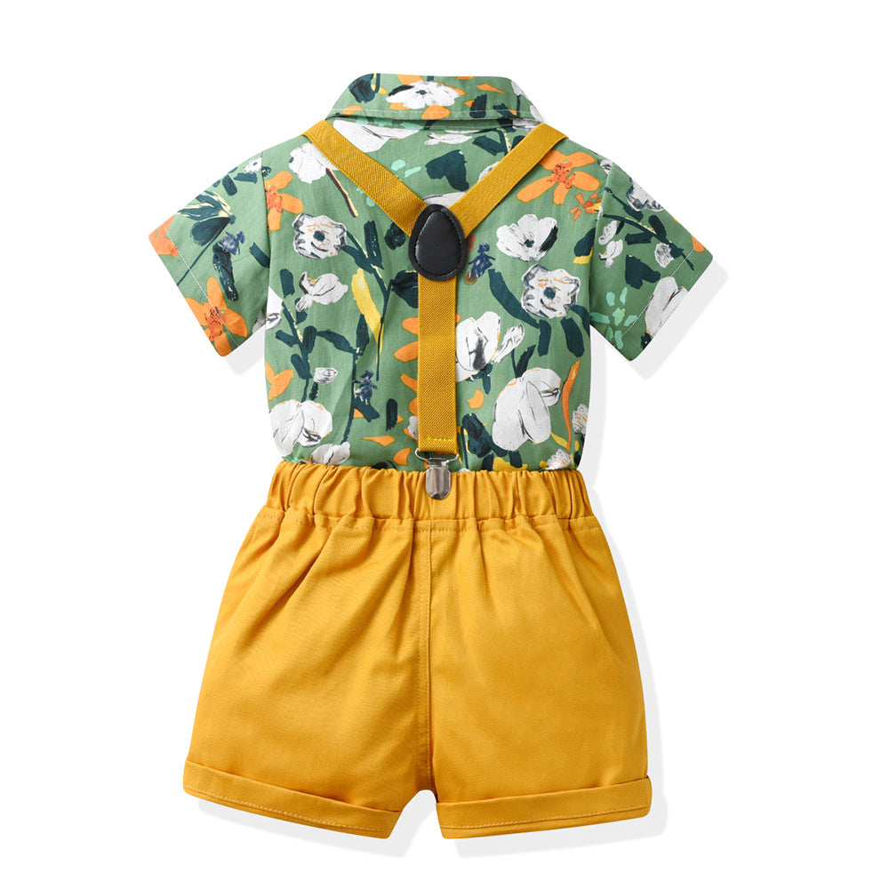 New kids' summer outfit set: boys' short-sleeve cotton shirt & overalls - perfect for first birthday celebrations & floral shirt options