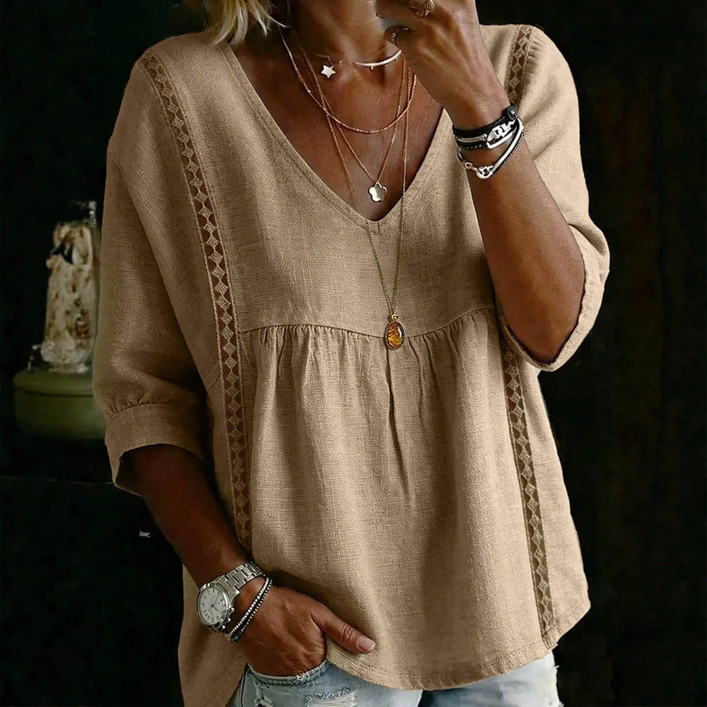 pastoral style linen doll tops side embroiderv neck three-quarter puff sleeves looseslimming lookshirt