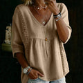 pastoral style linen doll tops side embroiderv neck three-quarter puff sleeves looseslimming lookshirt