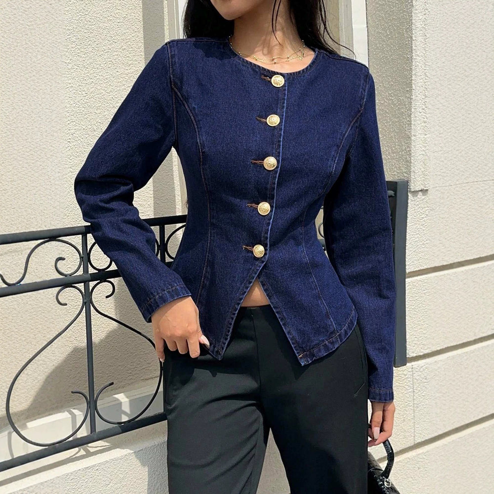 Amazon tiktok pinduoduo foreign trade cross-border fashion round neck waist fishtail denim short jacket
