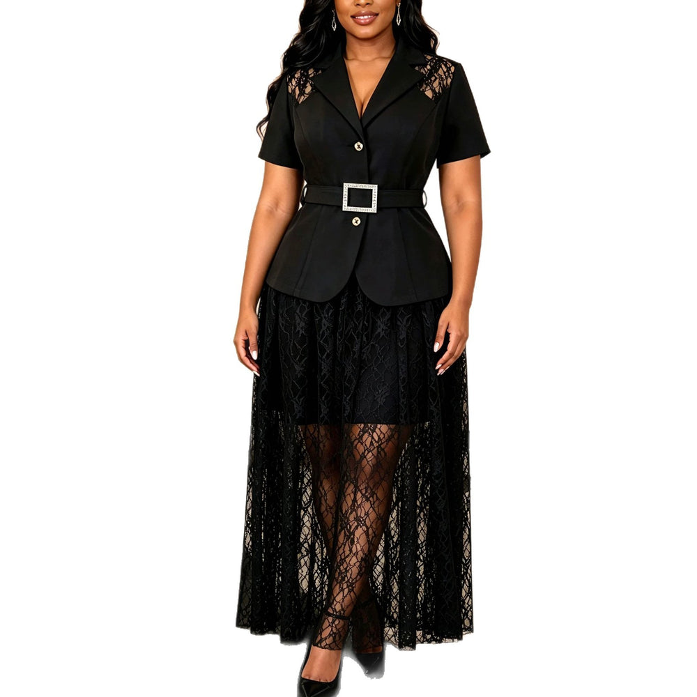 New arrival cross-border lace waist short-sleeved shirt lace double-layer cut out style skirt two-piece set2pcsset