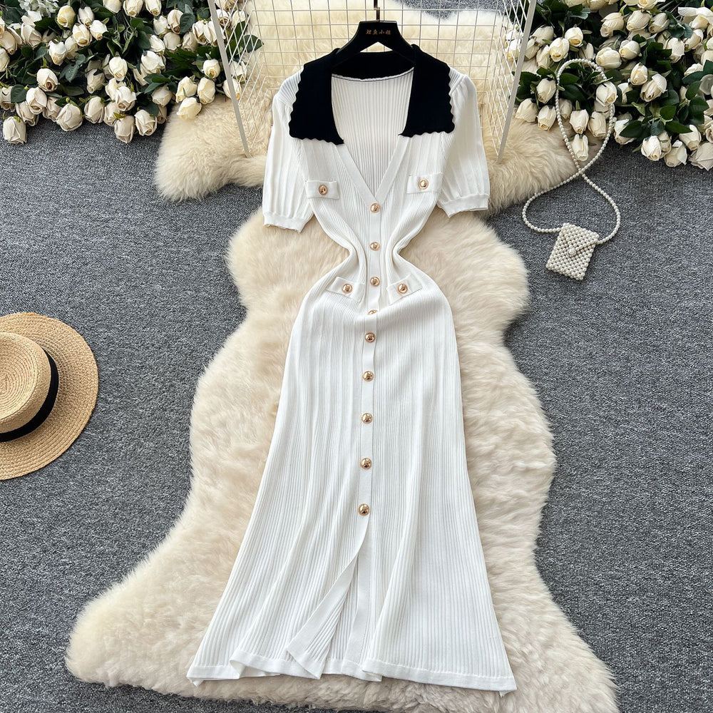 Frenchretrocontrast color lapel short sleeve metal button silmdress women's waist slimmingelegant slit knitting skirt
