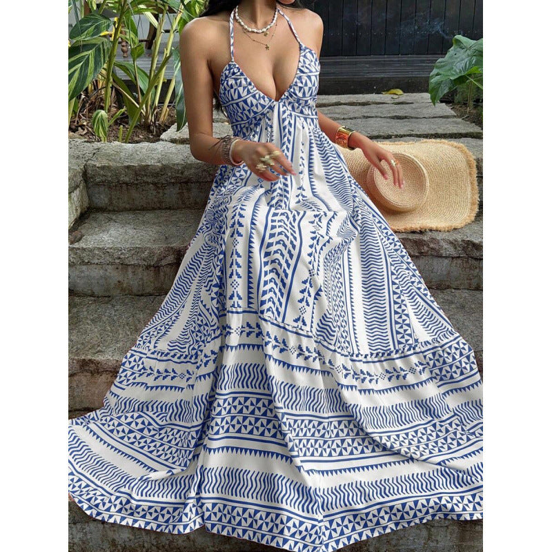Amazon  summer new arrival: printed beach vacation style v-neck halter backless tie-up dress for women