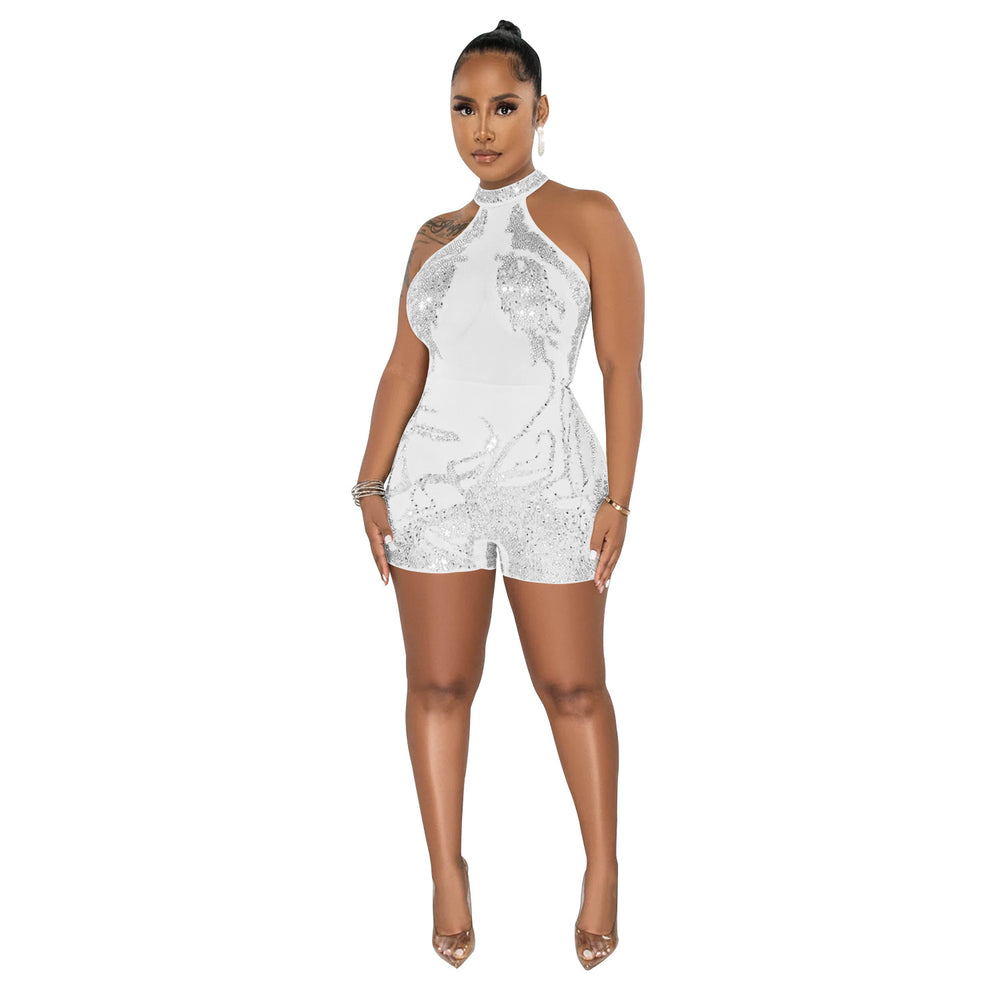 C6265 cross-border   fashion women's mesh see-through rhinestone sleeveless shorts jumpsuit