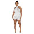 C6265 cross-border   fashion women's mesh see-through rhinestone sleeveless shorts jumpsuit