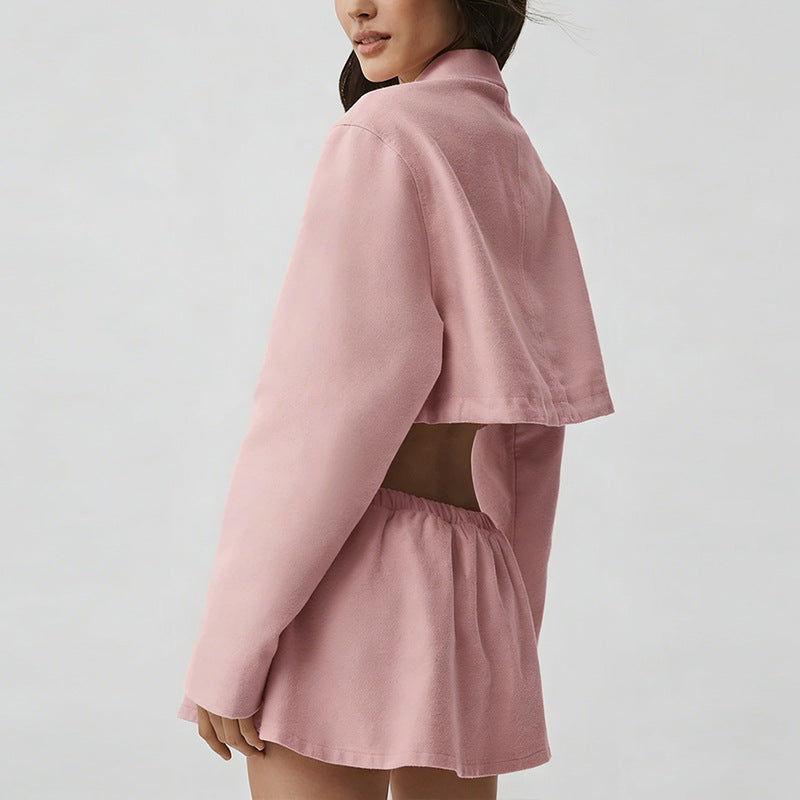 new arrival cotton mixed draped loose waist cord breathable stand collar zipper outwear short skirt casual sports suit