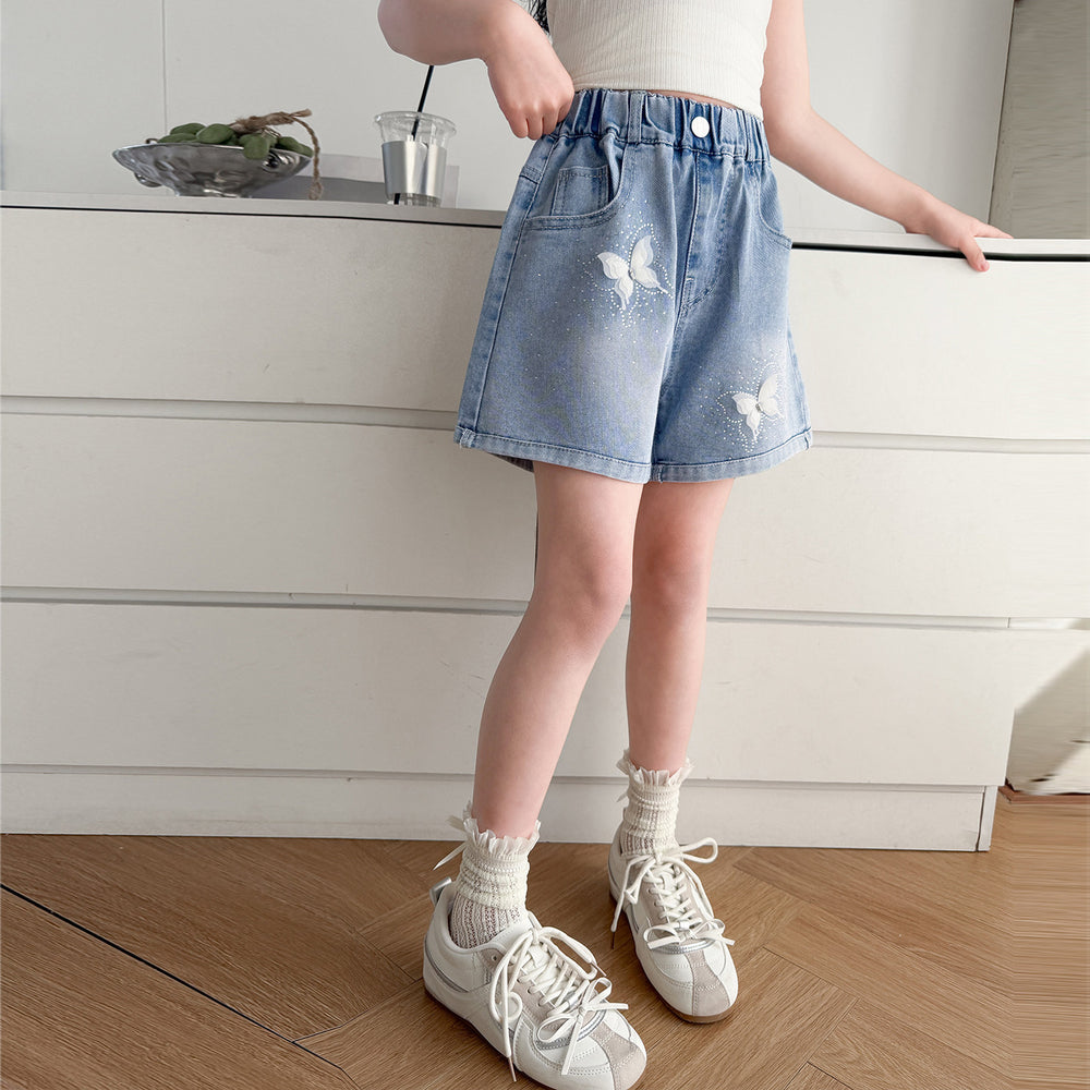 Girl denim shortssummer thin outwear youth summer wear k-stylefashionable foreign style hot diamond summer kids pants