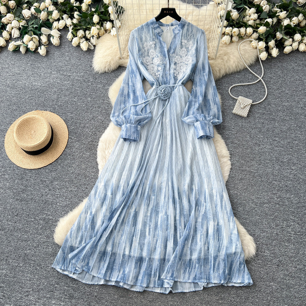 French romantic lantern sleeve printed dress - women's summer a-line maxi dress with cinched waist and tie detail - high-end and elegant