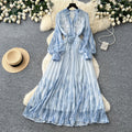 French romantic lantern sleeve printed dress - women's summer a-line maxi dress with cinched waist and tie detail - high-end and elegant