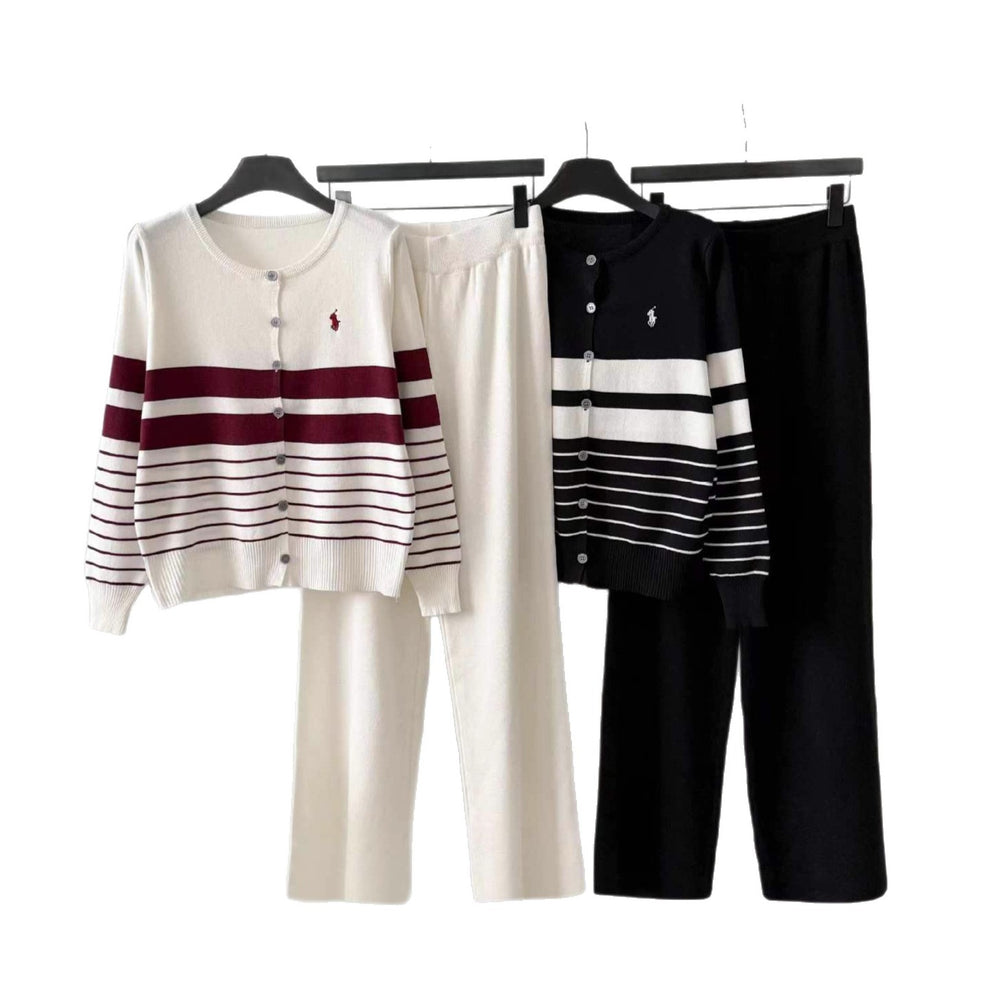 export autumn/winter new round neck color block striped long sleeve knitted cardigan wide leg pants sweater two-piece set for women
