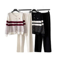 export autumn/winter new round neck color block striped long sleeve knitted cardigan wide leg pants sweater two-piece set for women