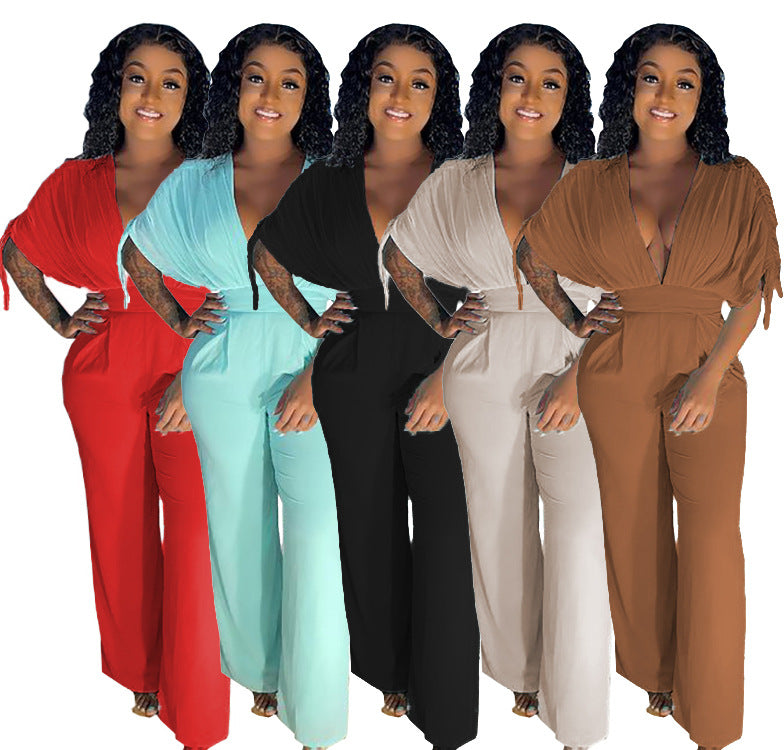 Spring/summer hot seller: european and american cross-border women's fashion -  style sexy solid color drawstring short sleeve loose wide leg jumpsuit
