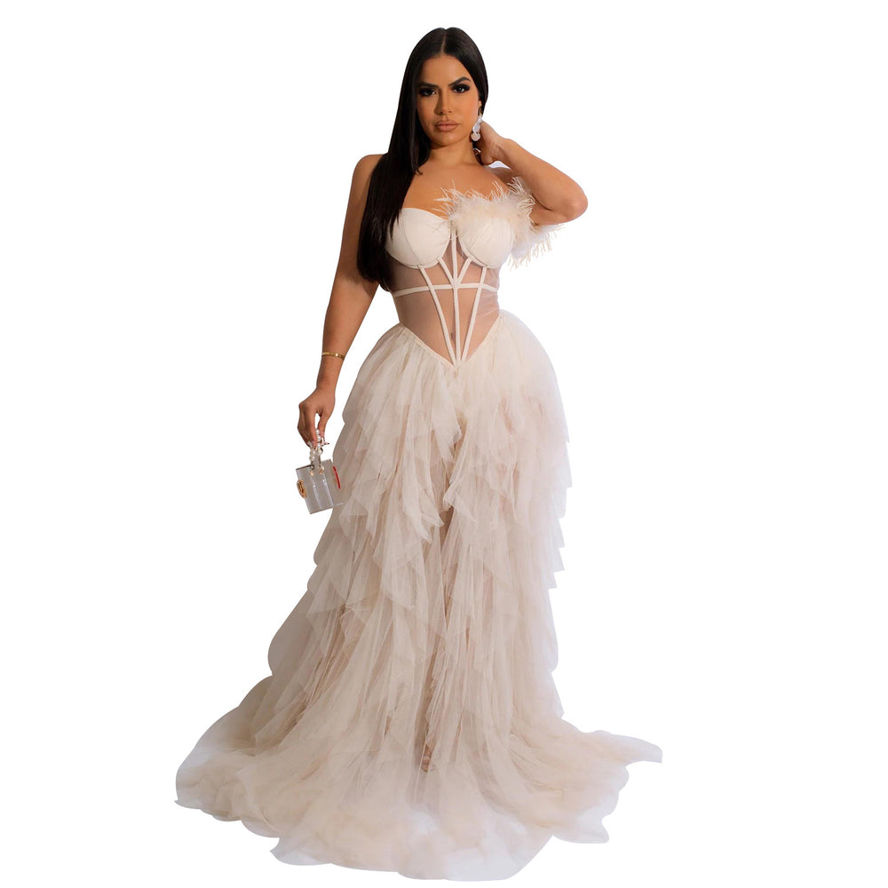 X6223 cross-border   fashion women's solid color sleeveless bandeau mesh maxi dress