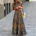 Amazon fashionexportprintingone shoulder princess sleeve high waistsense of designa-linedressfemaleelegantwork clothing