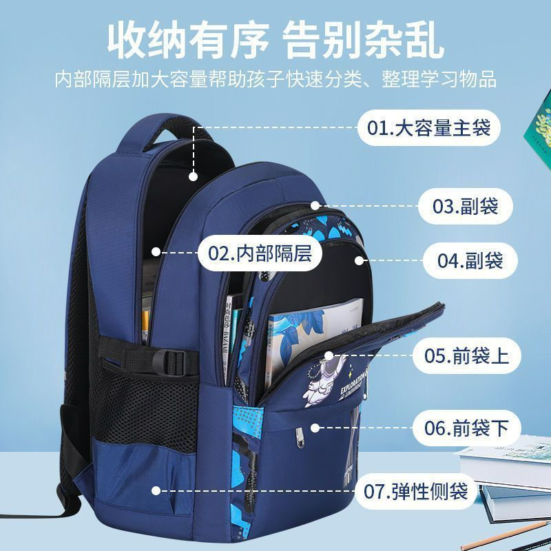 Backpack for grades 3-6, junior high school, large capacity, weight-reducing, spine-protecting, elementary school student schoolbag, breathable straps, storage