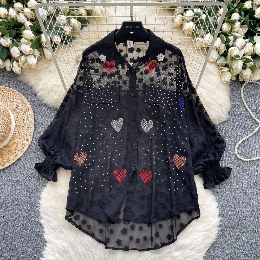 Accessible luxuryfrench styleclassy lantern sleeve shirt women's summer mesh hot diamond loose flesh-covering designeleganttops