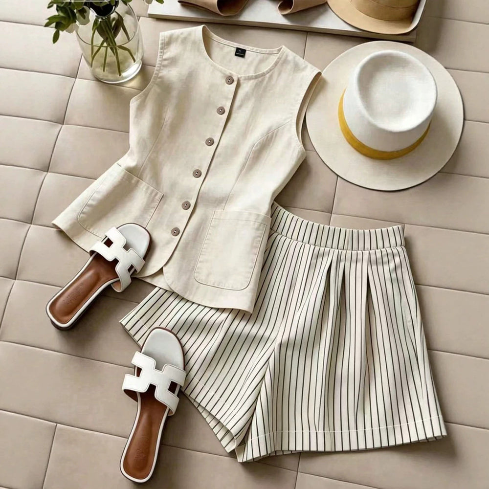 fashion  summer new beige sleeveless vest striped shorts suit work clothingcasualtwo-piece set