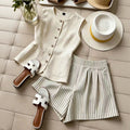 fashion  summer new beige sleeveless vest striped shorts suit work clothingcasualtwo-piece set