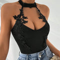 European and american cross-border women's lace halter sleeveless bodysuit high-waisted micro-stretch slim-fit sexy top