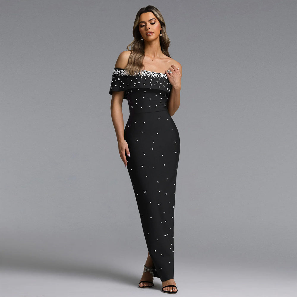C7759 cross-border   fashion women's off-the-shoulder beaded evening gown party dress