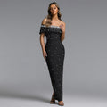 C7759 cross-border   fashion women's off-the-shoulder beaded evening gown party dress