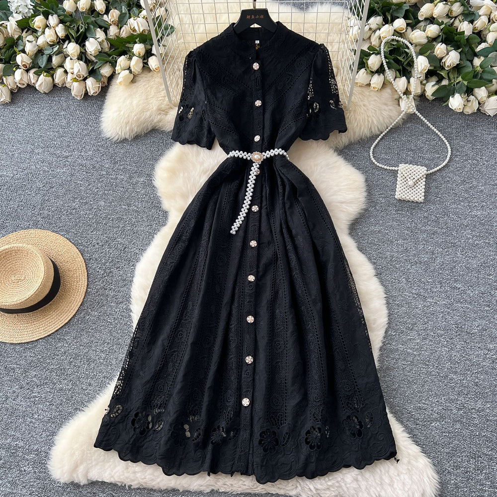 summer women's dress: unique, high-end, cutout embroidery, single-breasted, cinched waist, elegant knee-length maxi dress