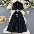 summer women's dress: unique, high-end, cutout embroidery, single-breasted, cinched waist, elegant knee-length maxi dress