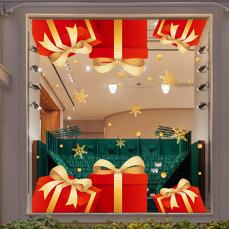New Year's Day shopping mall window decorations Christmas gift box glass sticker gold snowflake static sticker