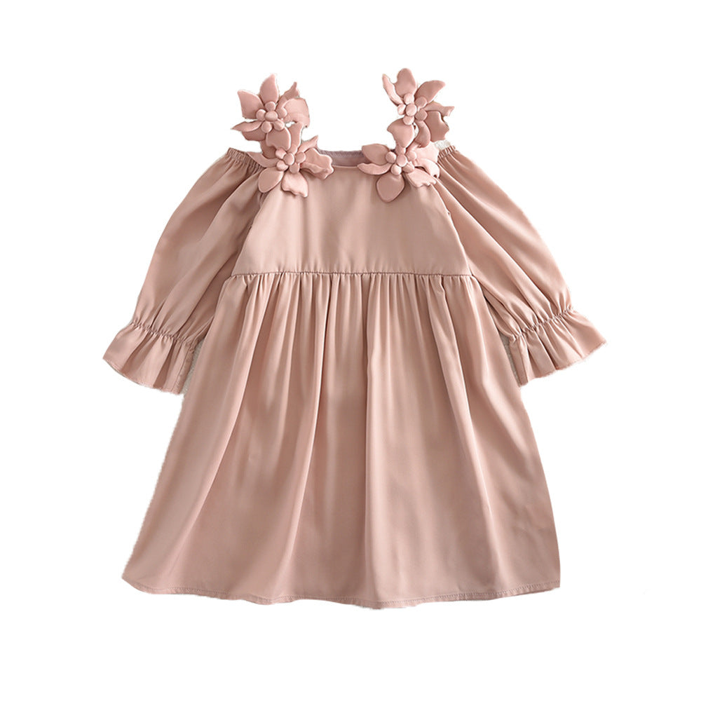 Autumgirldress cross-border foreign trade new arrivalsweet pink stereo flower suspender off-shoulder long sleevesdress