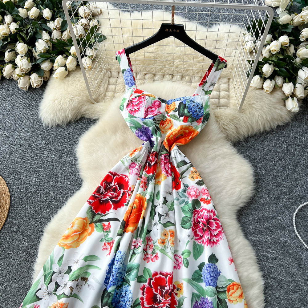 Vintage court style printed slip dress - women's summer cinched waist slim fit high-end elegant socialite maxi dress