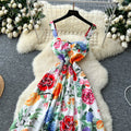 Vintage court style printed slip dress - women's summer cinched waist slim fit high-end elegant socialite maxi dress