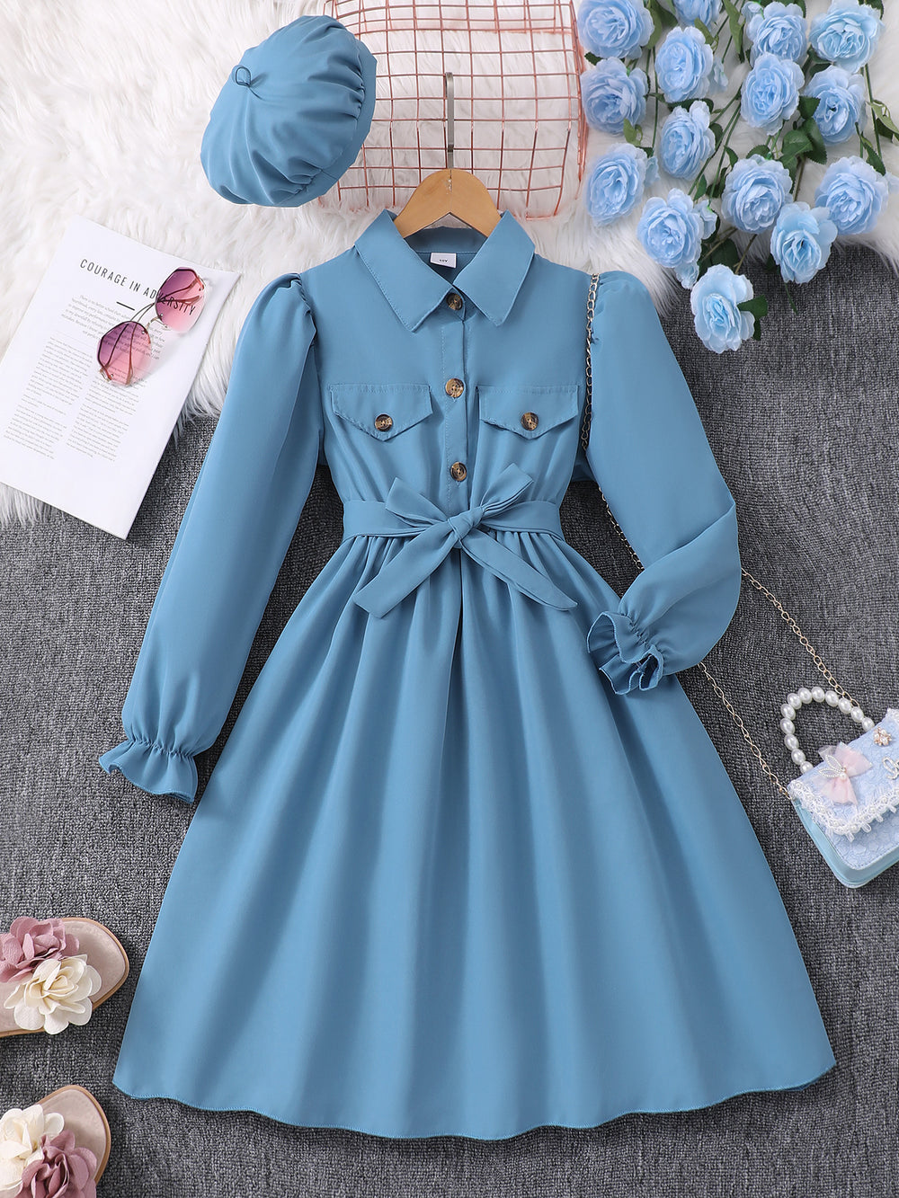 new girls' long-sleeve collared solid color dress with belt and hat