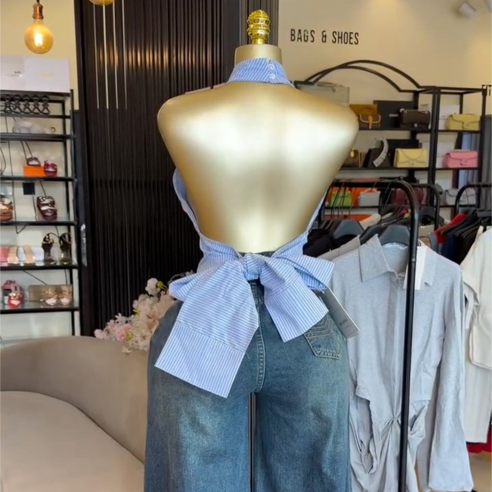 European and american cross-border women's fashion:  summer new arrival - elegant and high-end halter neck striped bowknot backless camisole top