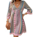 Amazon foreign trade women's loose v-neck printed european and american casual lace trim bohemian style dress
