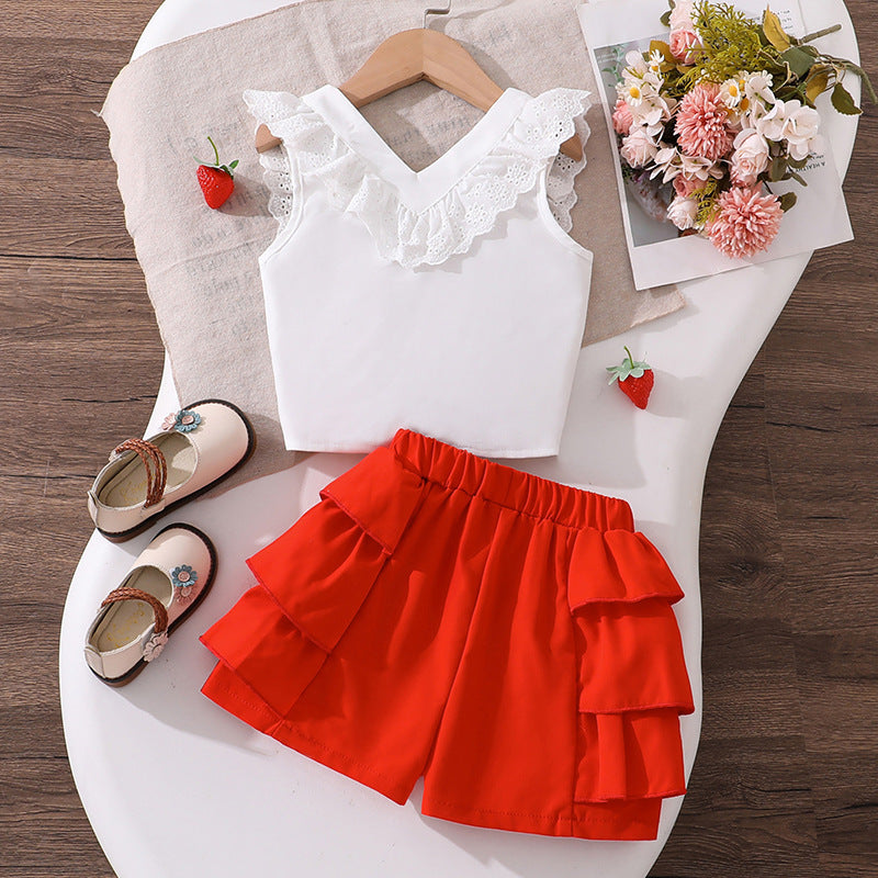 girls' clothing set:  summer new style - chic kids' flutter sleeve top with bow and layered hem shorts