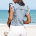 Women's light blue denim jacket with ruffle sleeves and button-front closure - spring/summer casual short-sleeve outerwear