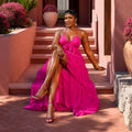 European and american cross-border women's fashion  summer new sexy elegant v-neck ruffle trim criss-cross backless cami dress