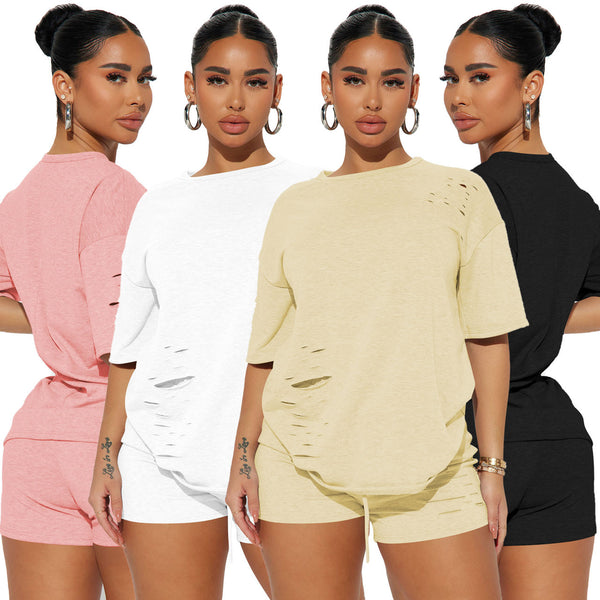 YD8704-C6 special products are non-refundable and non-exchangeable European and American women's clothing, fashionable and casual holes, solid color two-piece set