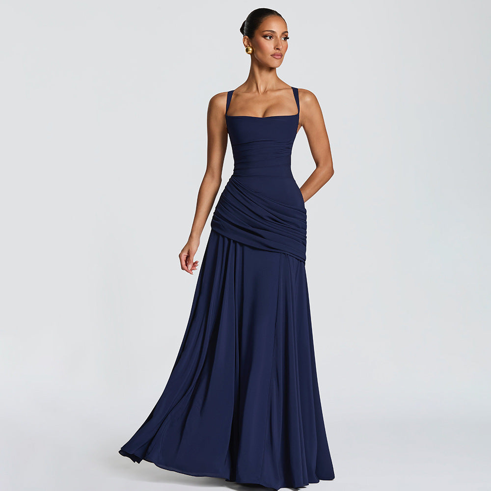 European and american style women's spring  new arrival: elegant solid color low-cut ruched camisole dress with cinched waist and open back - wholesale