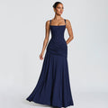 European and american style women's spring  new arrival: elegant solid color low-cut ruched camisole dress with cinched waist and open back - wholesale