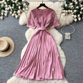 Frenchretrocut out short-sleeved dress women's summerk-style waist slimming lookclassy sense pleated long skirt work clothing